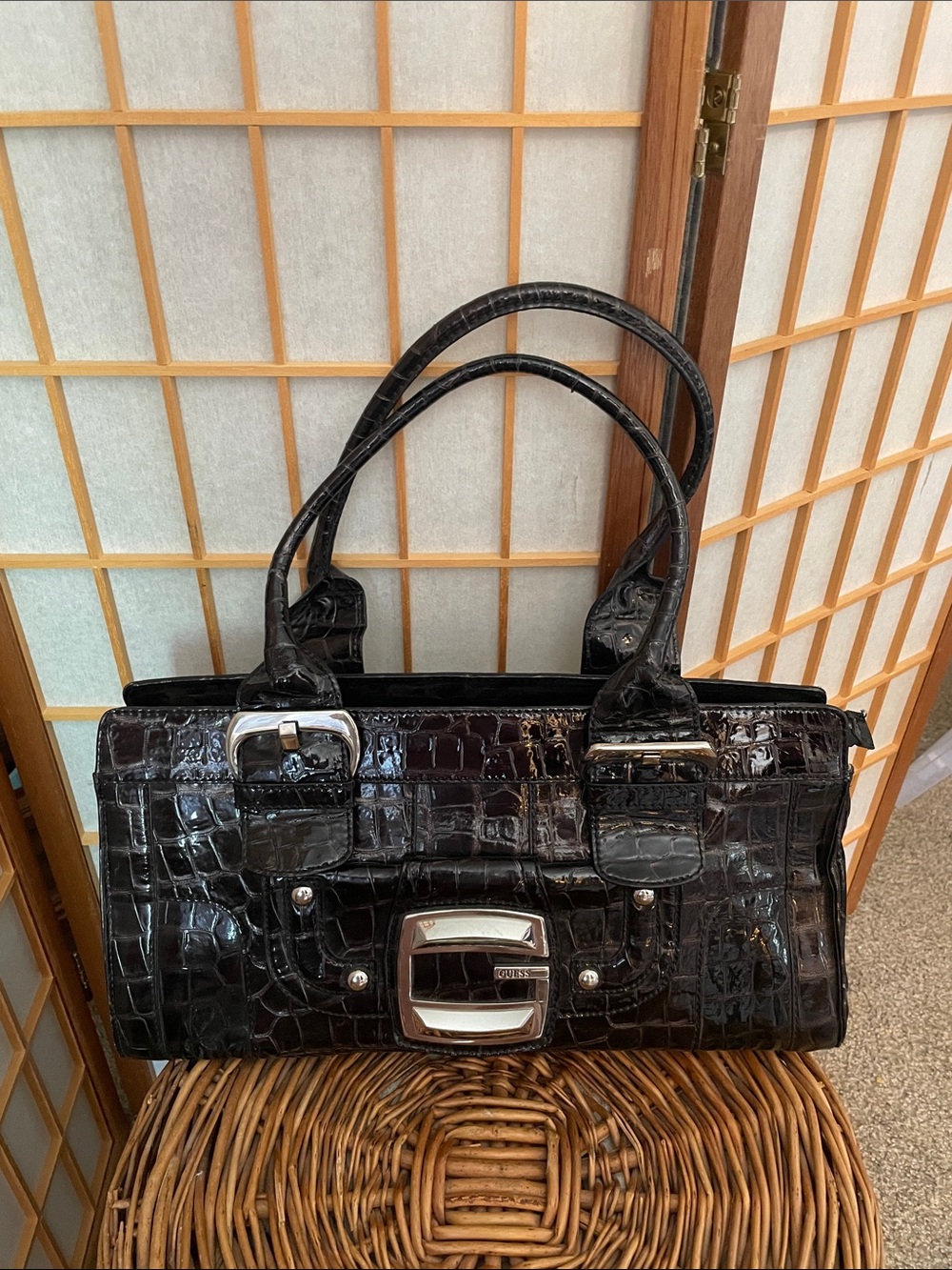 Y2K GUESS Black Croc-Embossed Patent Leather Tote Bag with Silver Hardware